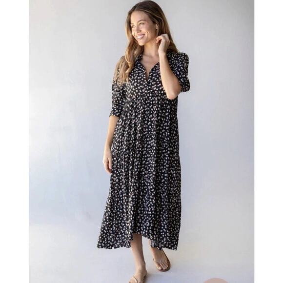 Natural Life Rebecca Black Floral Midi Dress Small Cottage Boho 3/4 Sleeves V11 - Picture 4 of 9